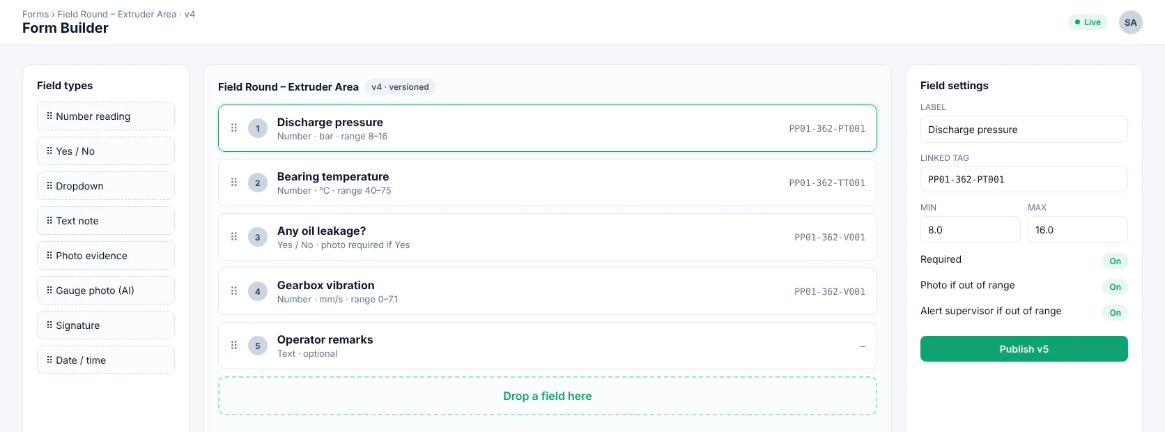 PlantIQ form builder with readings, tags and range settings